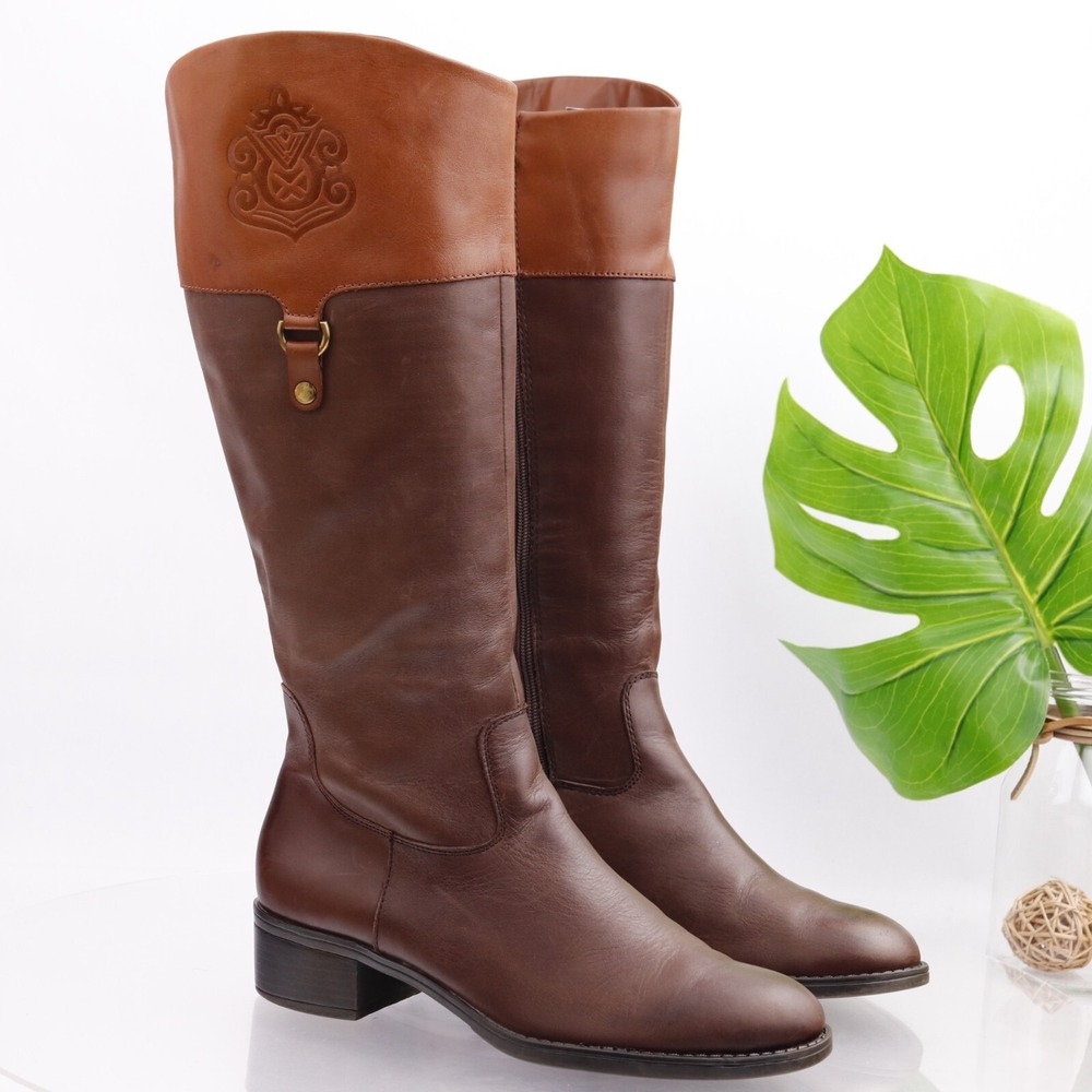 Franco Sarto Womens Clarity Riding Boots Size 9.5 Brown Leather Knee High Logo